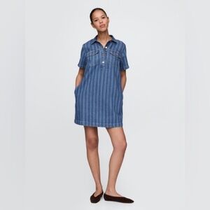 GAP XL Denim Popover Mini Dress | Striped TENCEL Blend Button Front Pockets